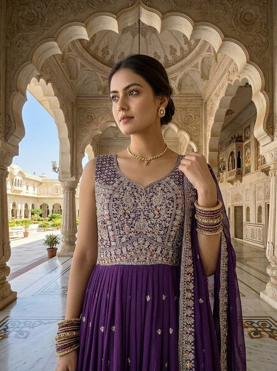 Neerus Purple silk hand embroidered anarkali suit set - detail view 1