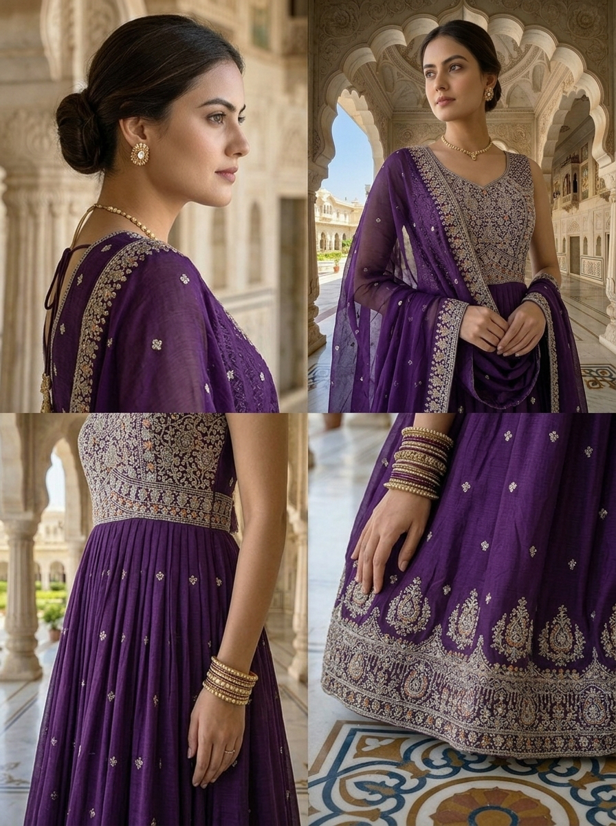 Neerus Purple silk hand embroidered anarkali suit set - detail view 2