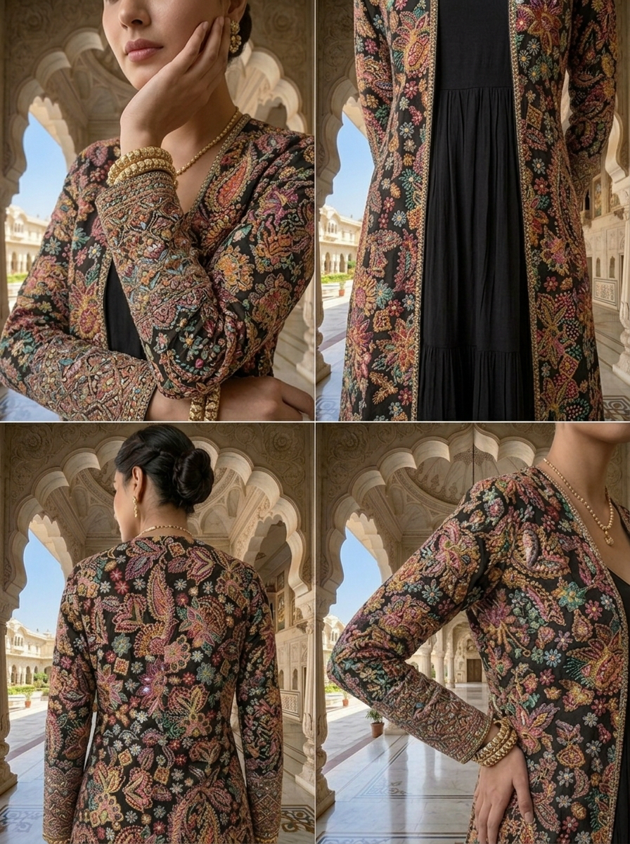 Neerus Black georgette embellished anarkali suit set - detail view 2