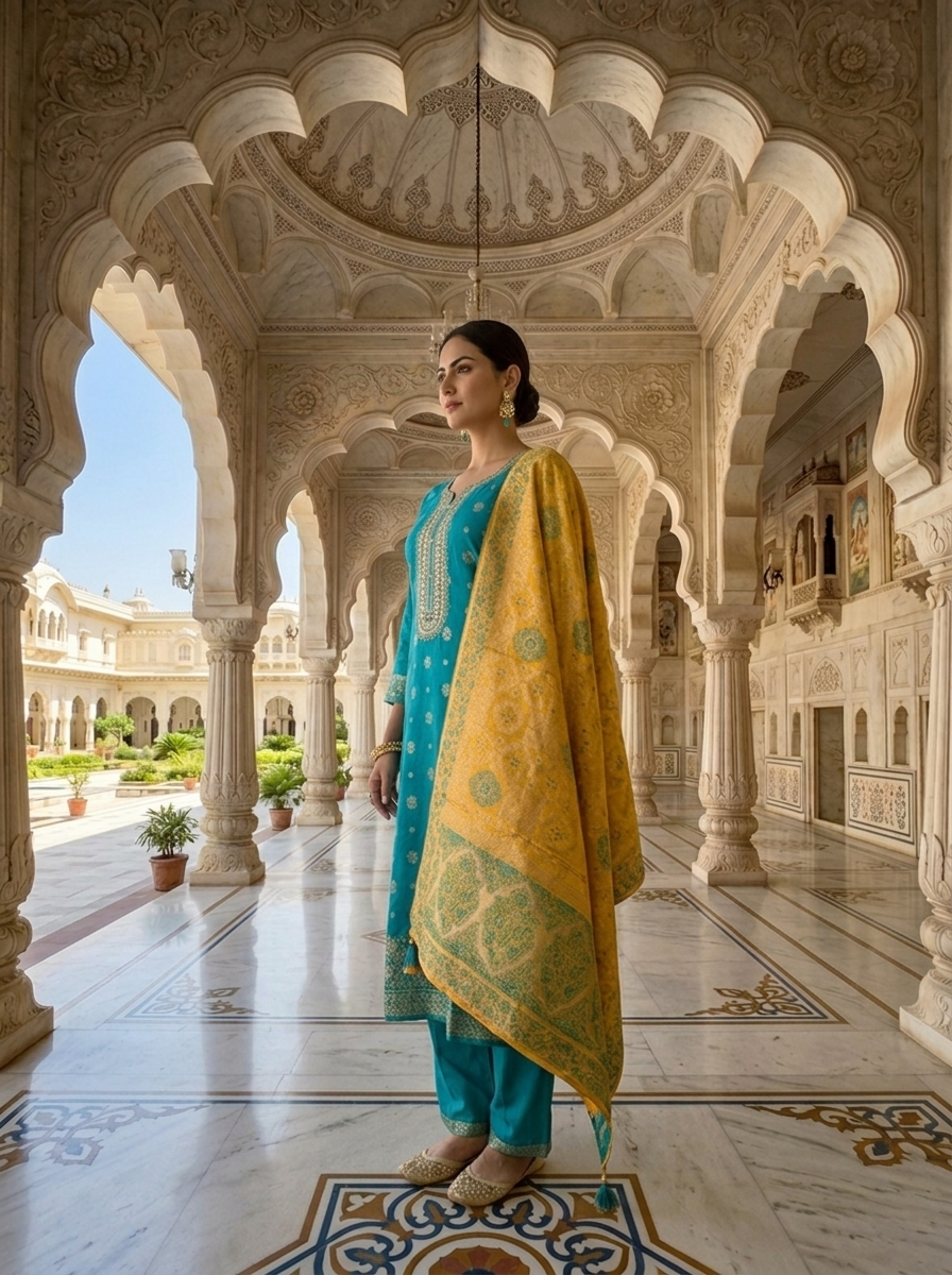 Neerus Blue silk embellished suit set with contrast dupatta - back view