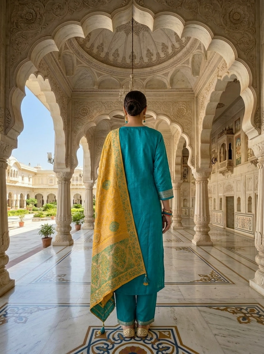 Neerus Blue silk embellished suit set with contrast dupatta - side view