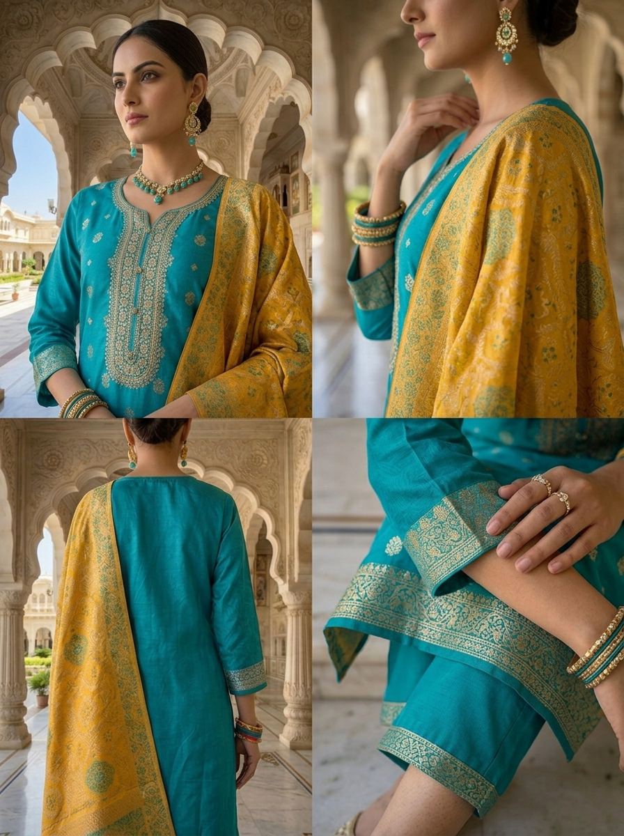Neerus Blue silk embellished suit set with contrast dupatta - detail view 2