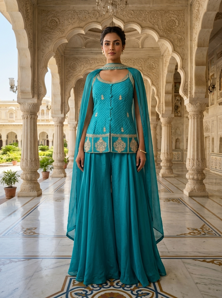 Neerus Green chinon bandhani printed suit set - front view