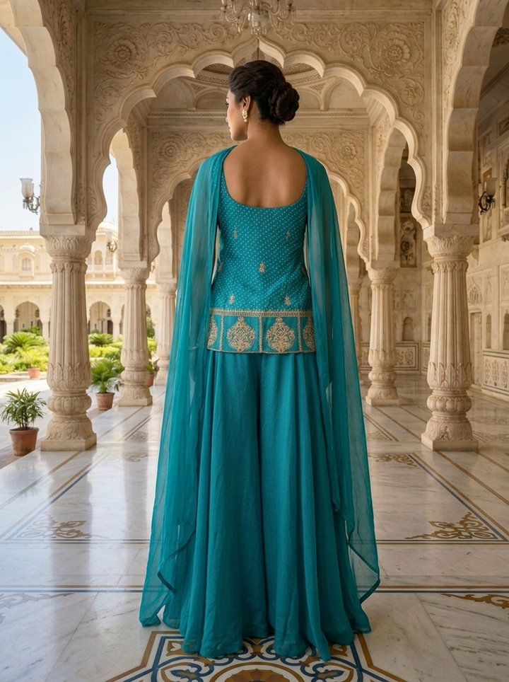 Neerus Green chinon bandhani printed suit set - back view