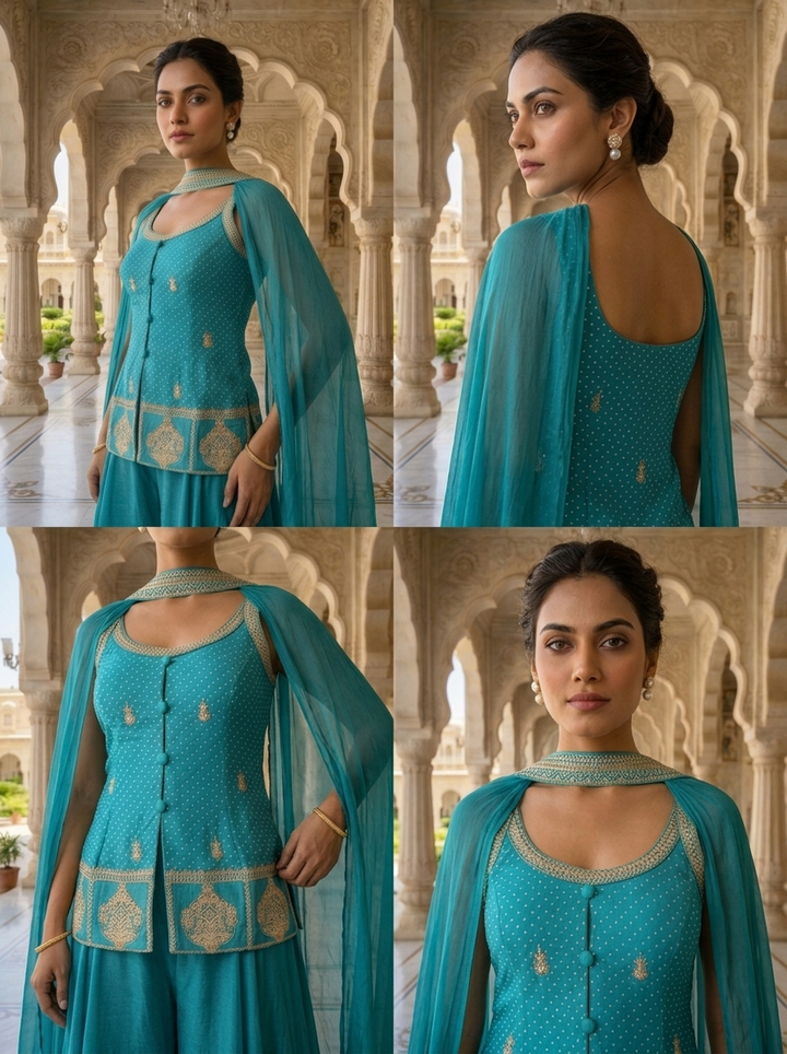 Neerus Green chinon bandhani printed suit set - detail view 2
