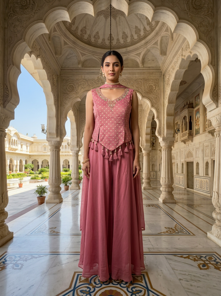 Onion Pink Tissue Thread And Beads Embroidery Kurti And Palazzo Set