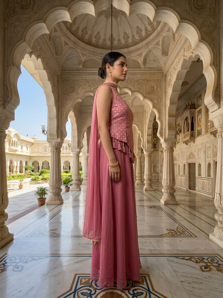 Onion Pink Tissue Thread And Beads Embroidery Kurti And Palazzo Set