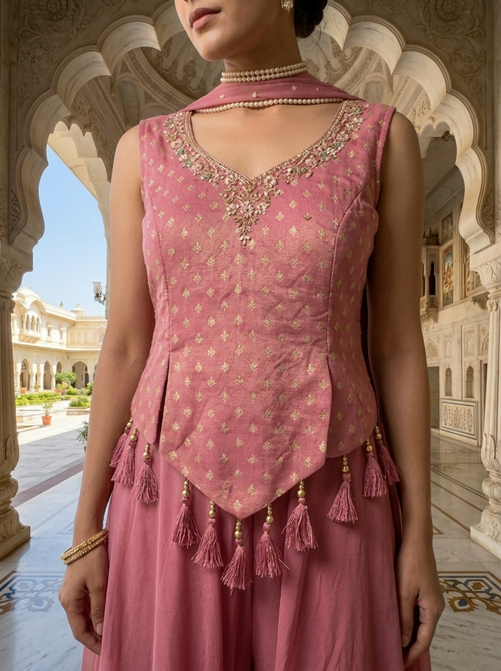Onion Pink Tissue Thread And Beads Embroidery Kurti And Palazzo Set