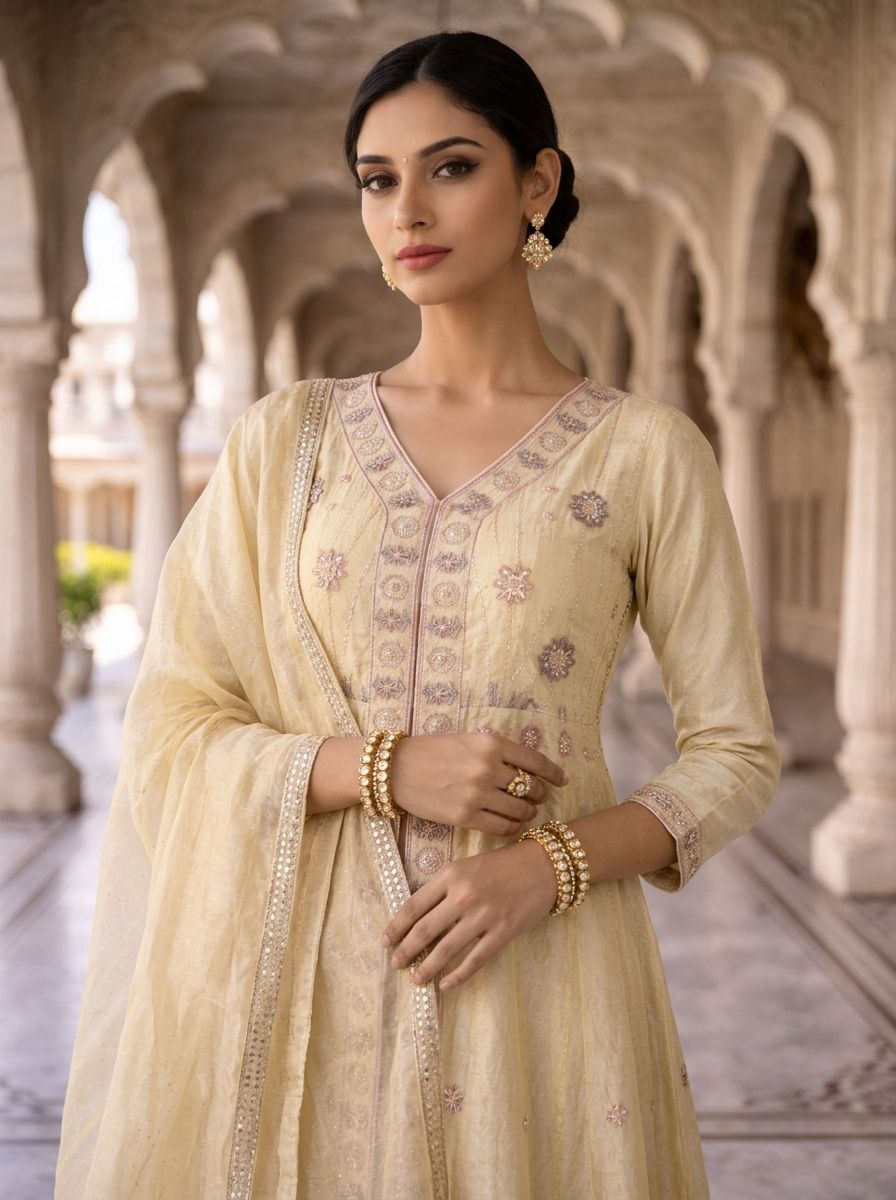 Neerus Beige tissue embellished suit set - detail view 1