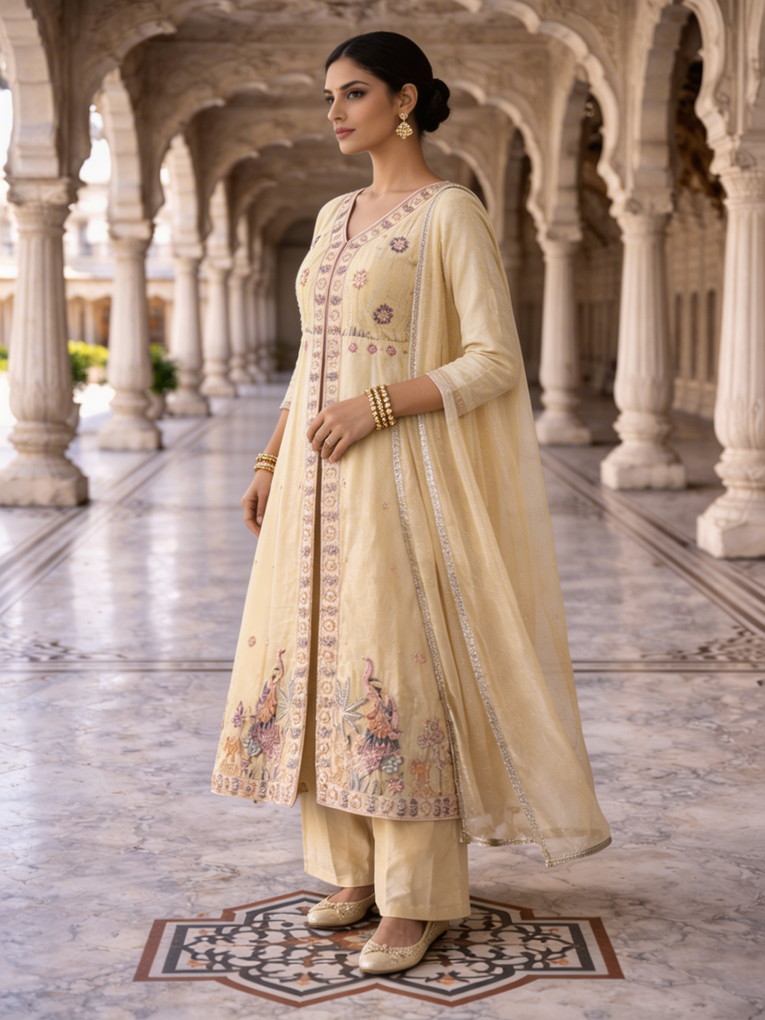 Neerus Beige tissue embellished suit set - back view