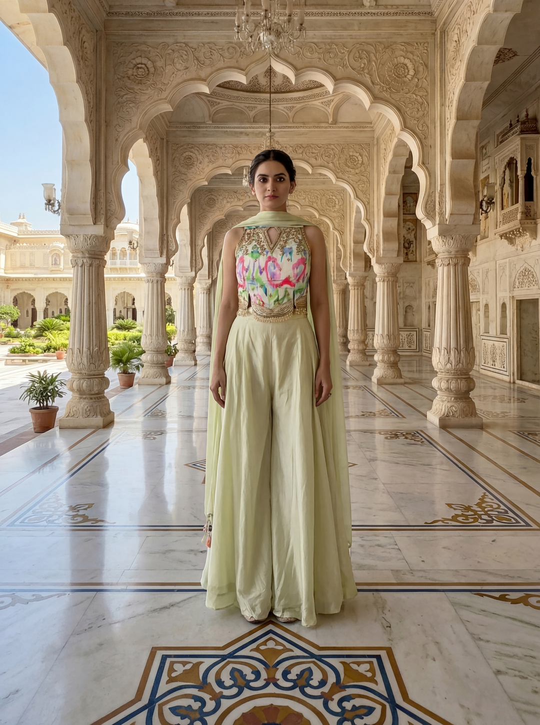 Neerus Green crepe embellished suit set - front view