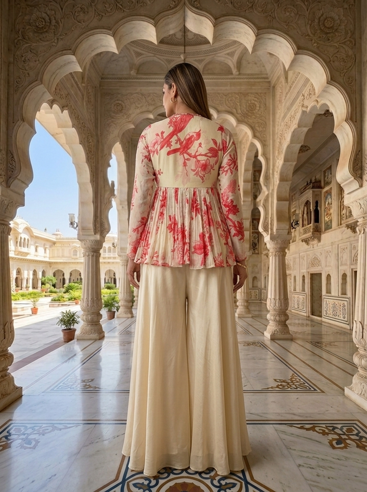 Neerus Beige georgette embellished suit set - side view