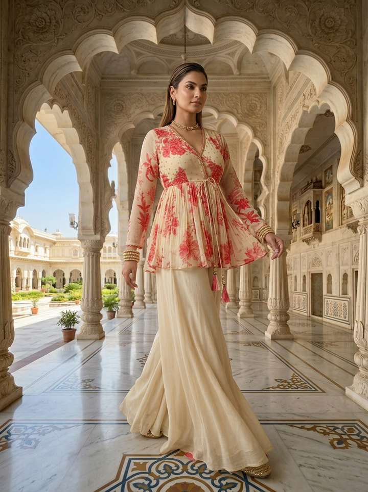 Neerus Beige georgette embellished suit set - back view