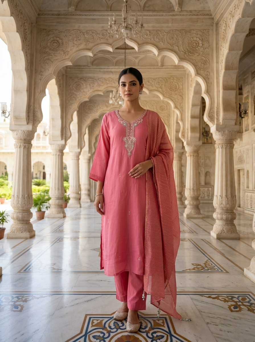 Neerus Pink muslin embellished suit set - front view