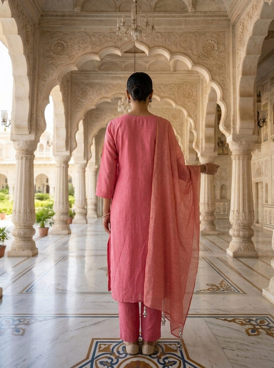Neerus Pink muslin embellished suit set - side view