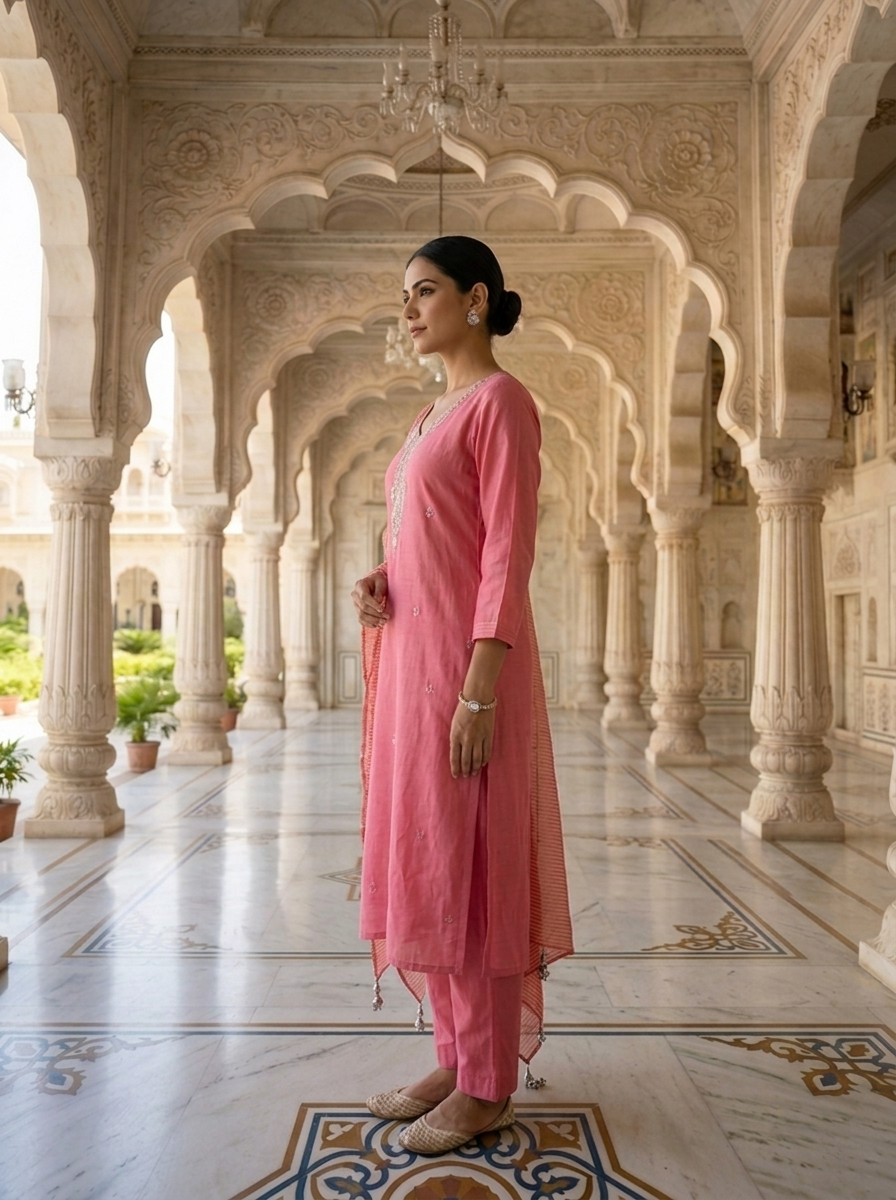 Neerus Pink muslin embellished suit set - back view