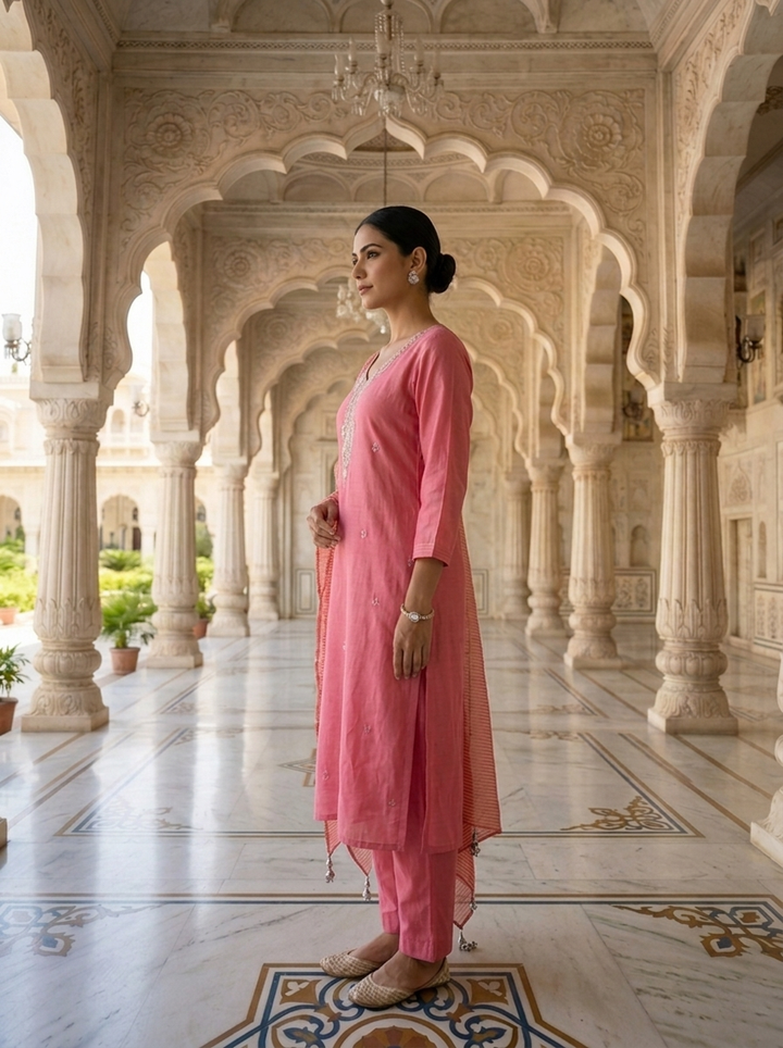Neerus Pink muslin embellished suit set - back view