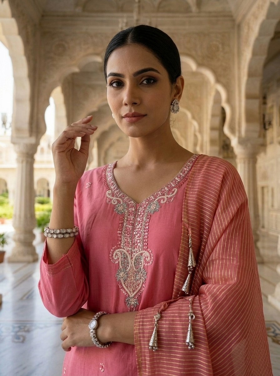 Neerus Pink muslin embellished suit set - detail view 1