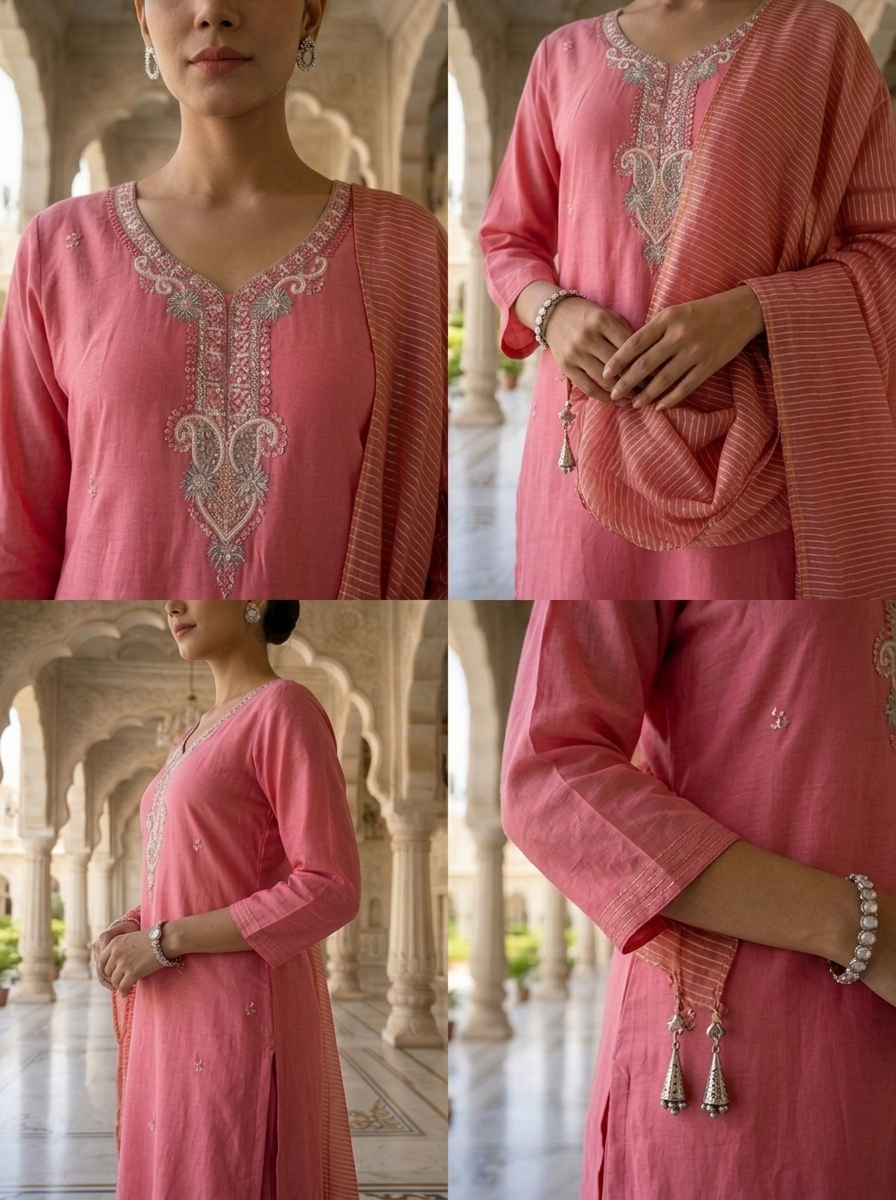 Neerus Pink muslin embellished suit set - detail view 2