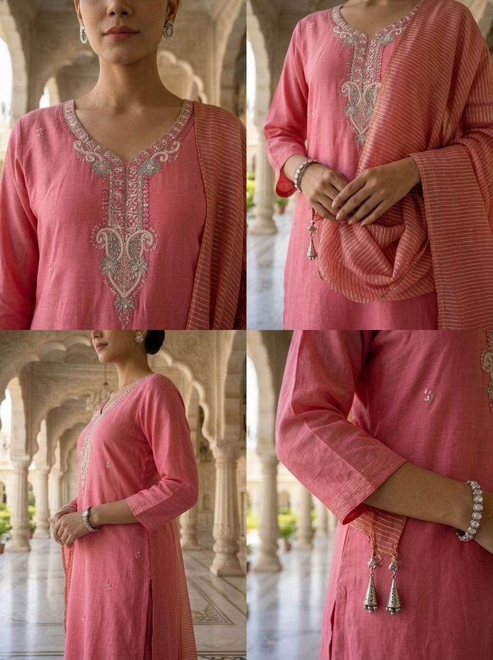 Neerus Pink muslin embellished suit set - detail view 2