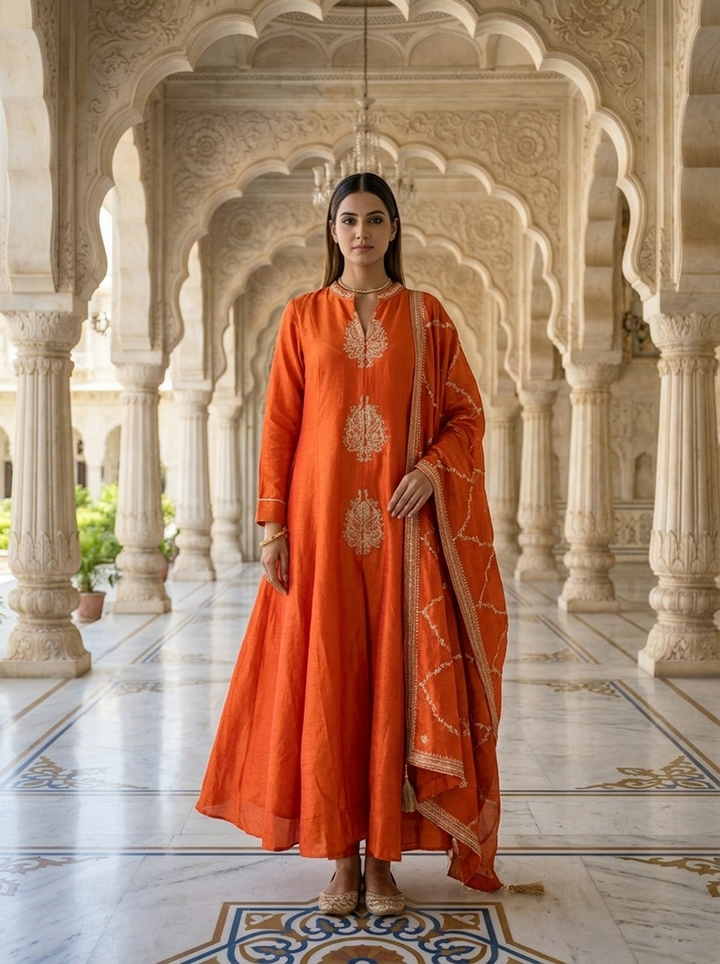 Neerus Orange silk thread embroidered suit set - front view