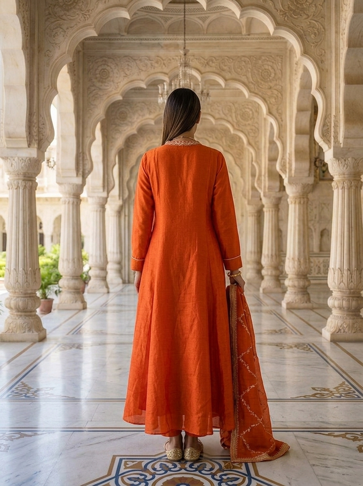 Neerus Orange silk thread embroidered suit set - side view