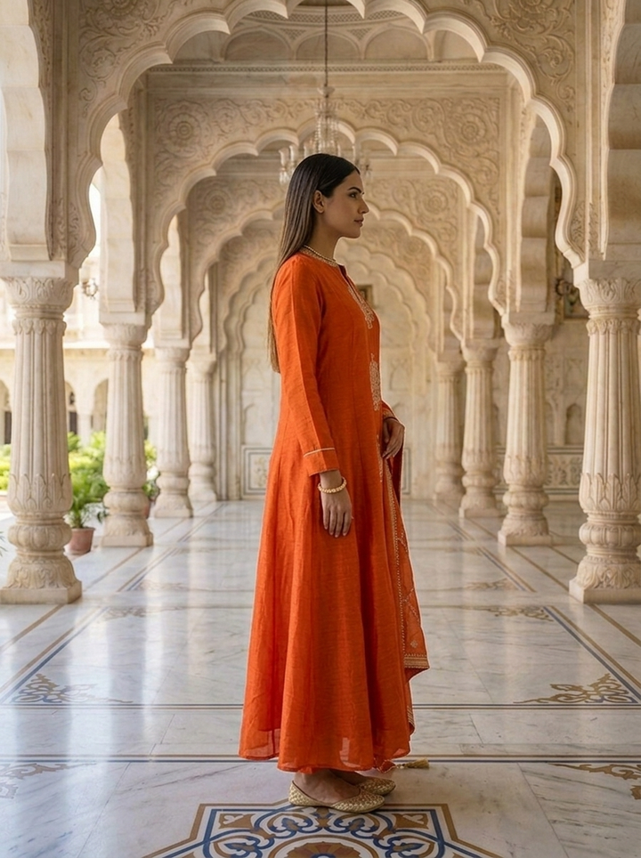 Neerus Orange silk thread embroidered suit set - back view