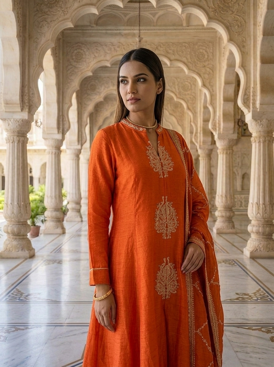 Neerus Orange silk thread embroidered suit set - detail view 1