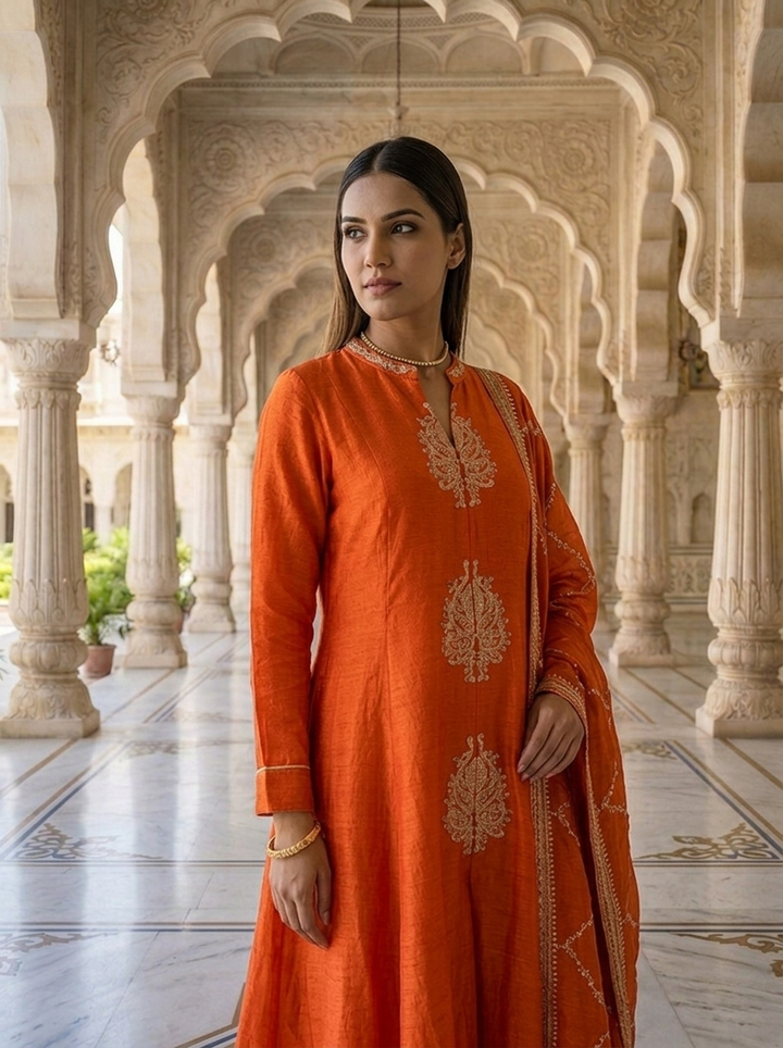 Neerus Orange silk thread embroidered suit set - detail view 1