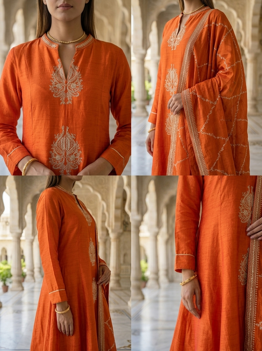 Neerus Orange silk thread embroidered suit set - detail view 2