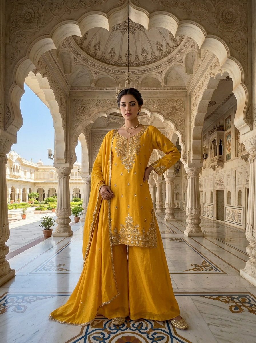 Neerus Yellow Chinon embellished suit set - front view