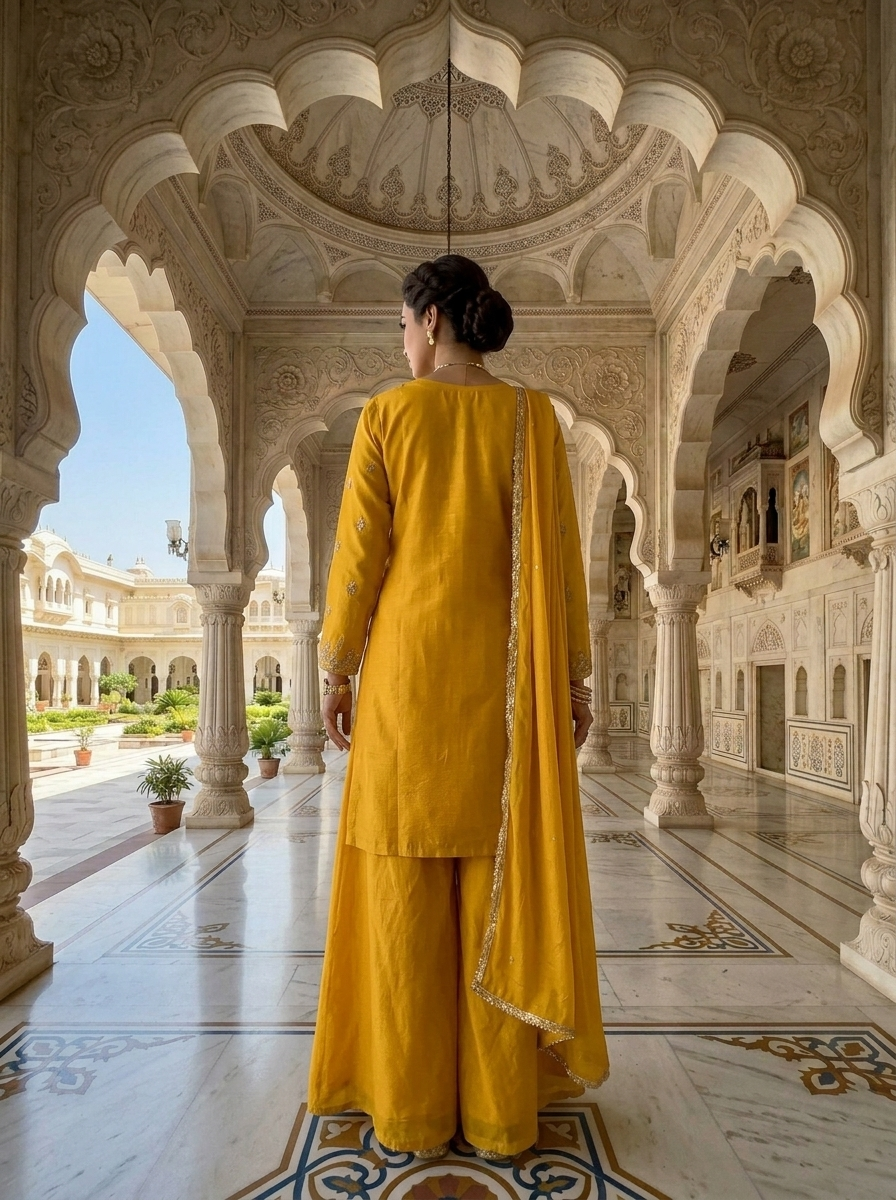 Neerus Yellow Chinon embellished suit set - side view