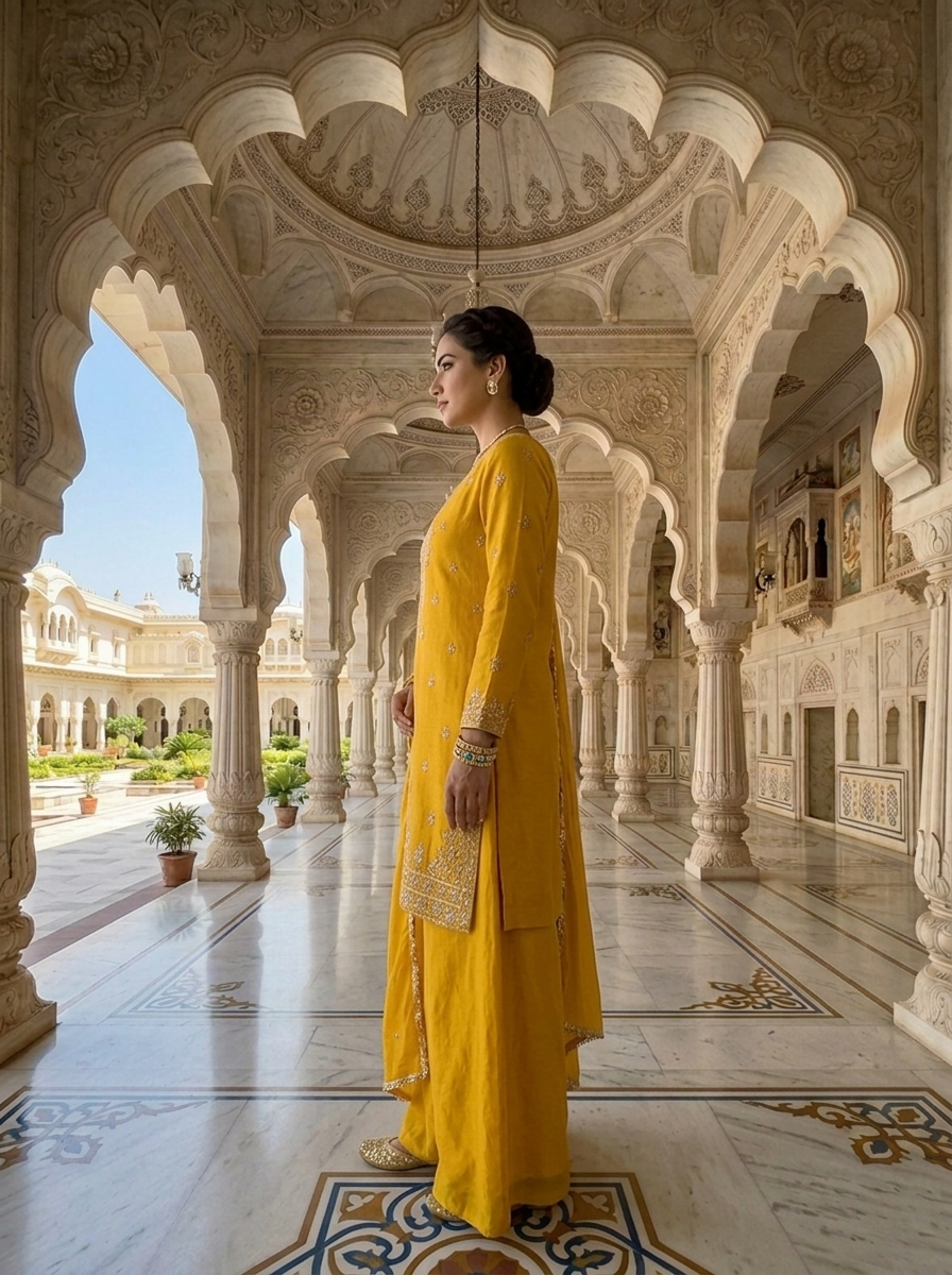Neerus Yellow Chinon embellished suit set - back view