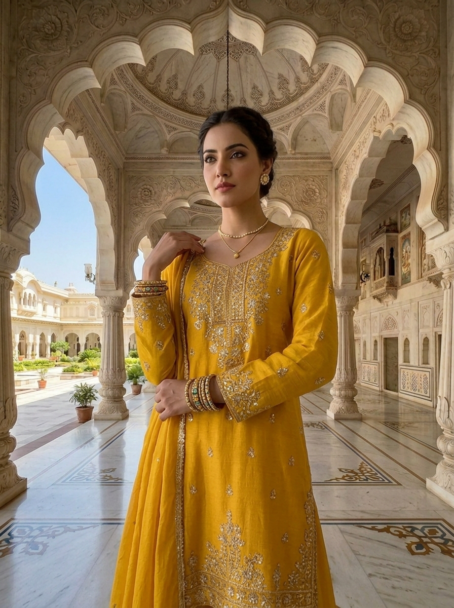 Neerus Yellow Chinon embellished suit set - detail view 1