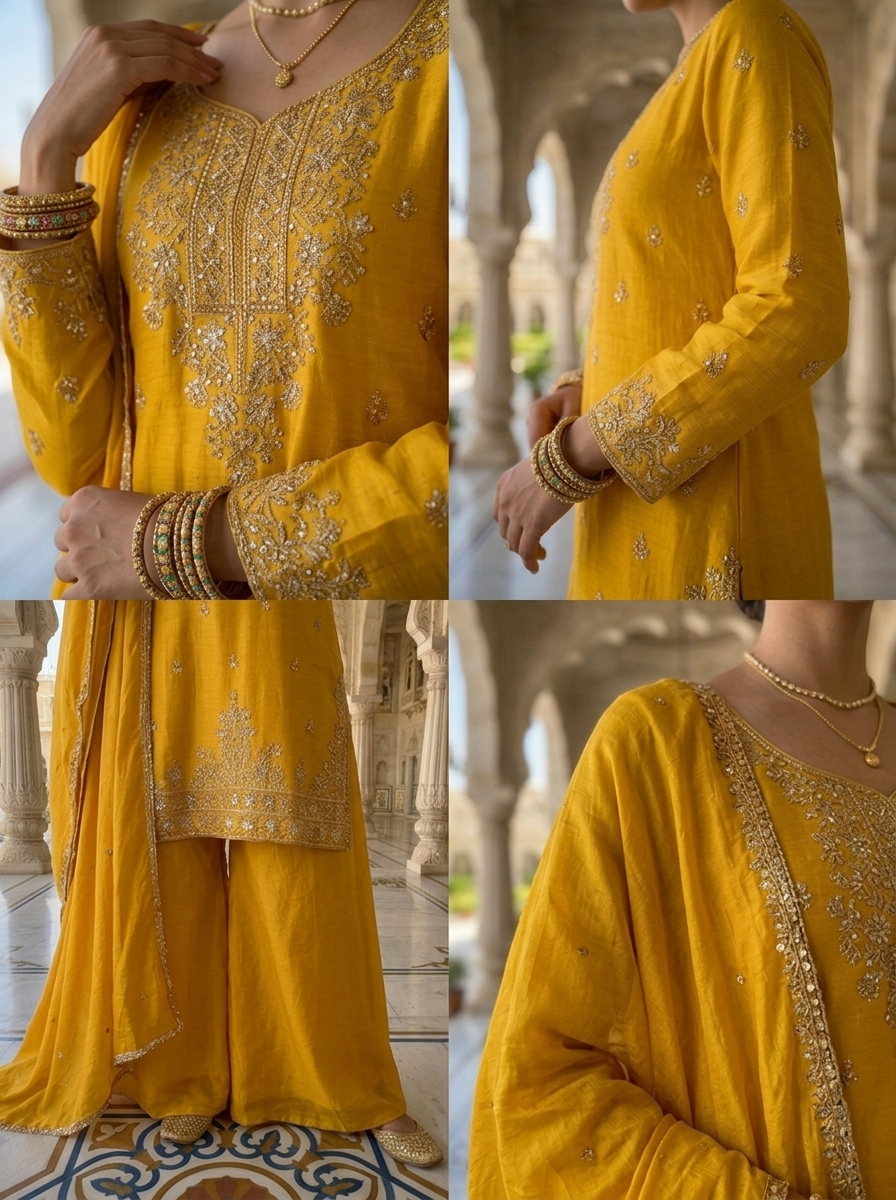 Neerus Yellow Chinon embellished suit set - detail view 2