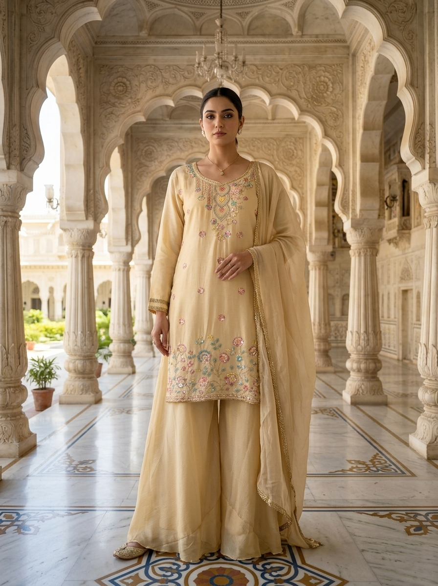 Neerus Beige Chinon embellished suit set - front view