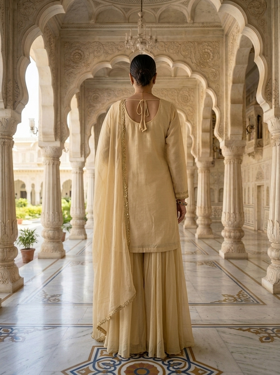 Neerus Beige Chinon embellished suit set - side view
