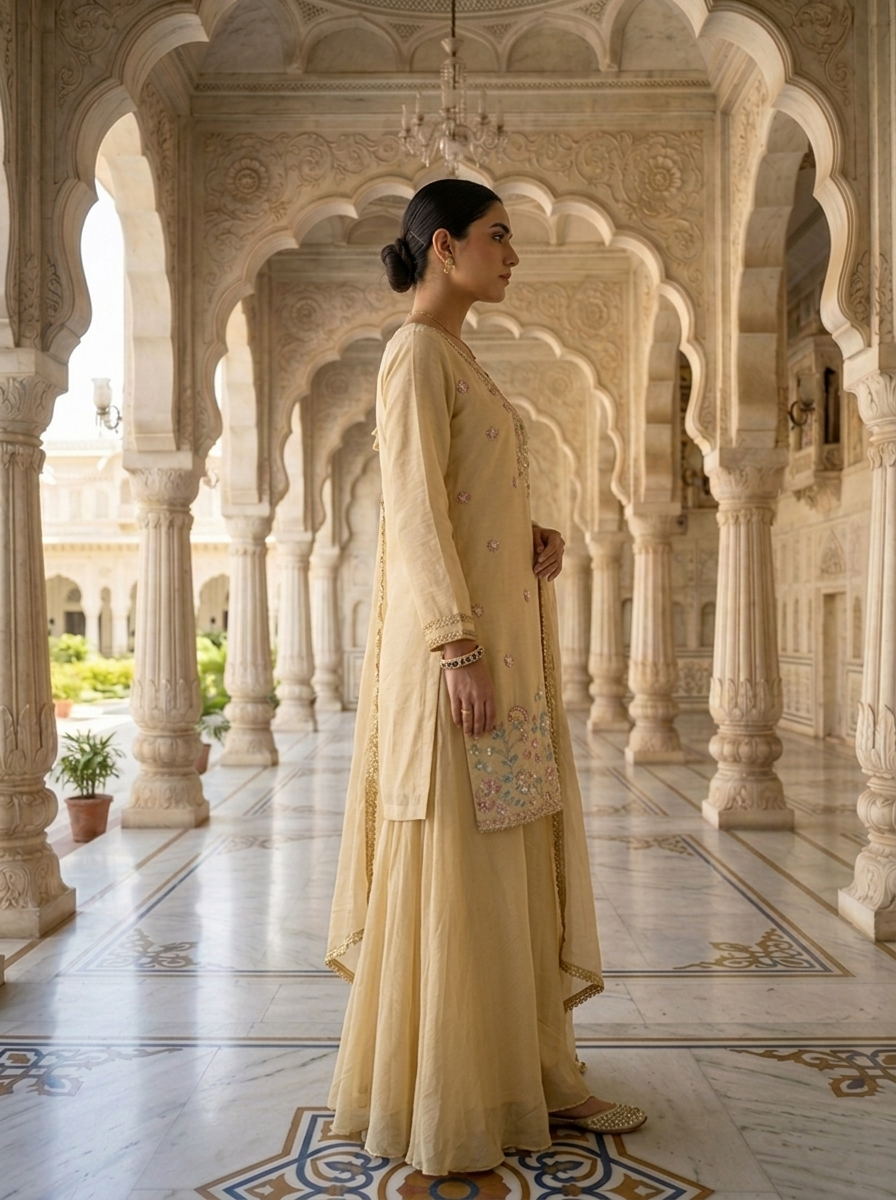 Neerus Beige Chinon embellished suit set - back view