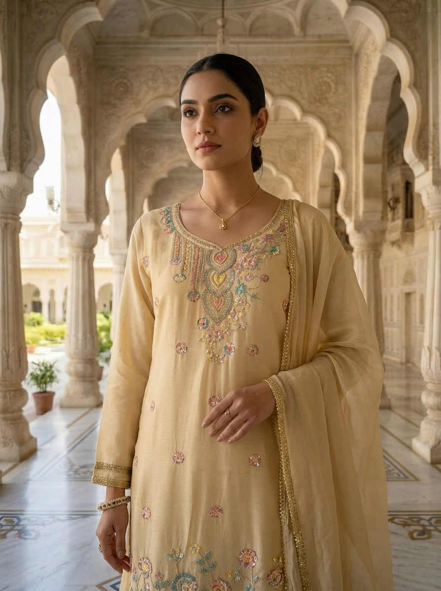 Neerus Beige Chinon embellished suit set - detail view 1
