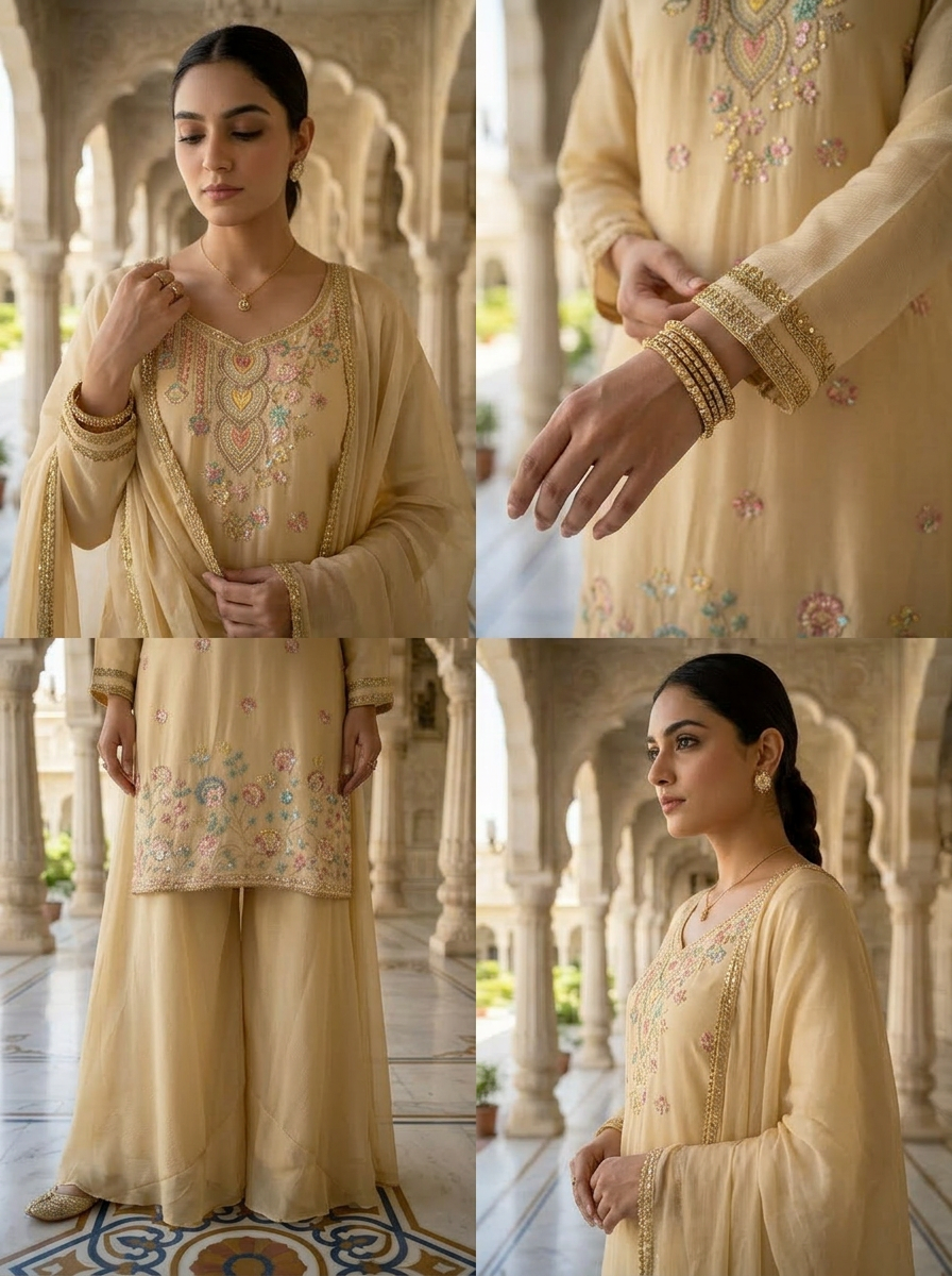 Neerus Beige Chinon embellished suit set - detail view 2