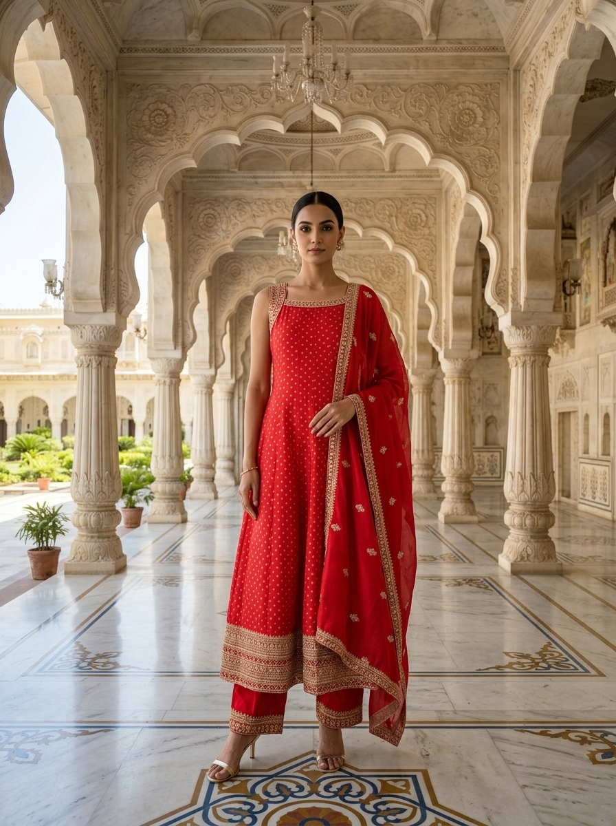 Neerus Maroon silk hand embroidered suit set - front view