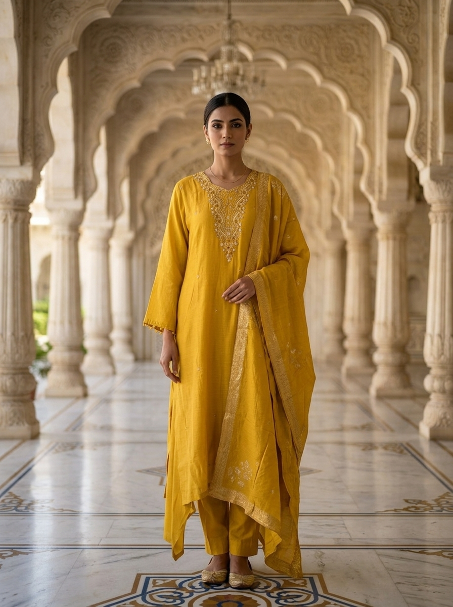 Neerus Yellow muslin embellished suit set - front view
