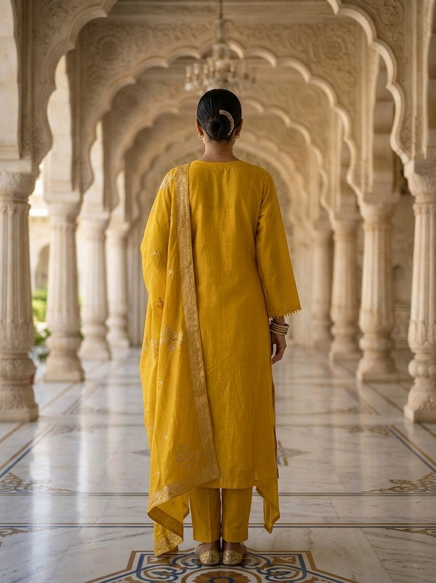 Neerus Yellow muslin embellished suit set - side view