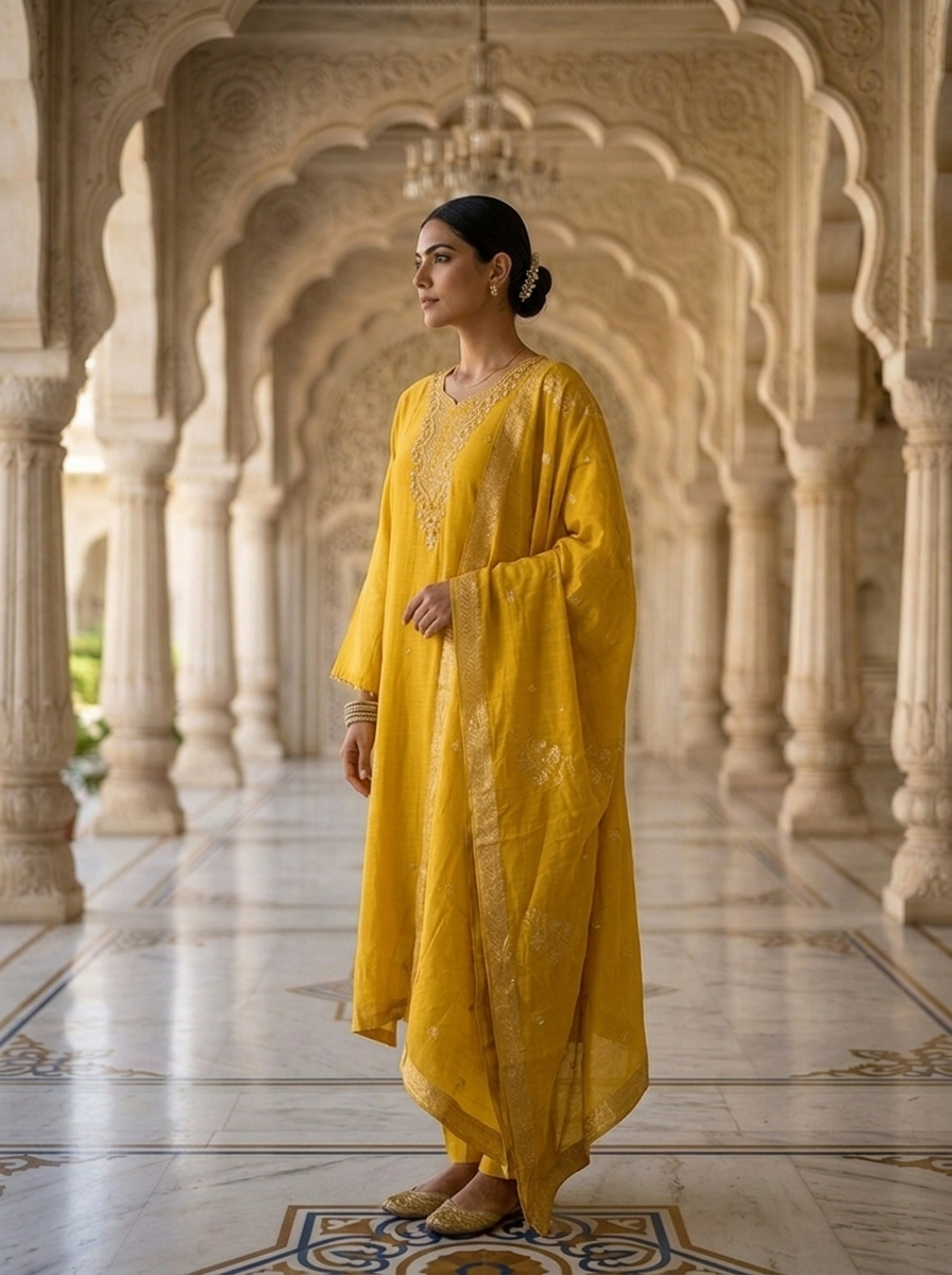 Neerus Yellow muslin embellished suit set - back view