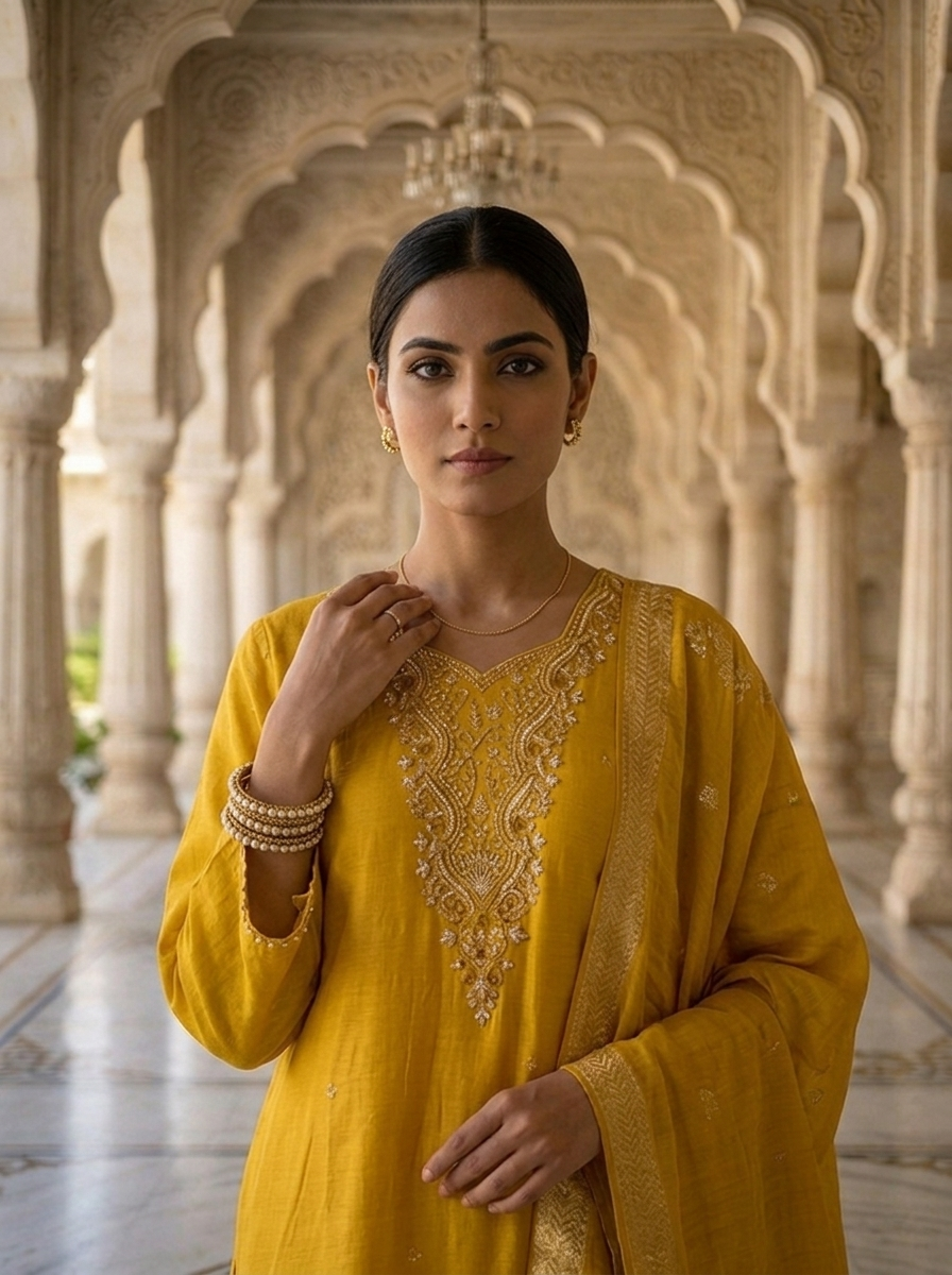 Neerus Yellow muslin embellished suit set - detail view 1