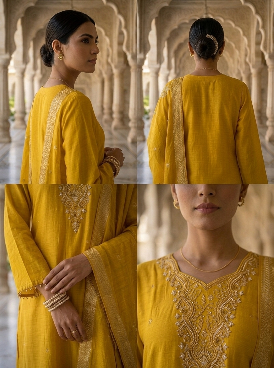Neerus Yellow muslin embellished suit set - detail view 2