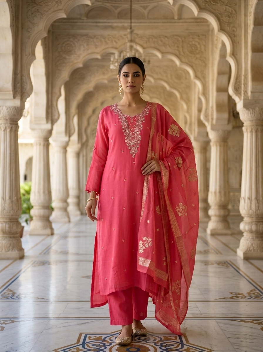 Neerus Pink muslin embellished suit set - front view