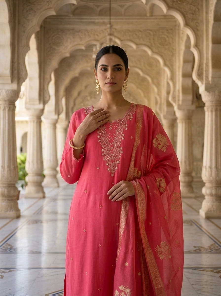 Neerus Pink muslin embellished suit set - back view