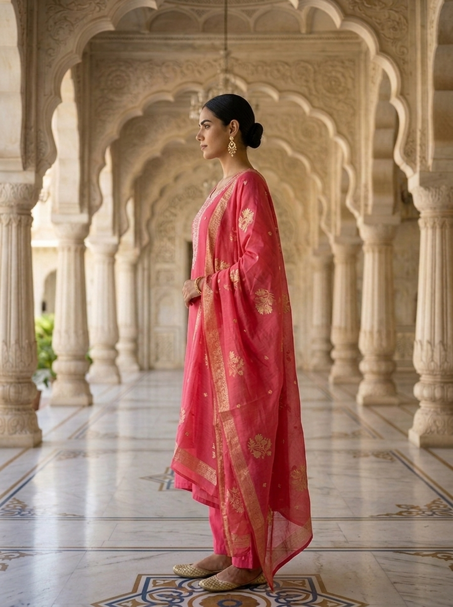 Neerus Pink muslin embellished suit set - side view