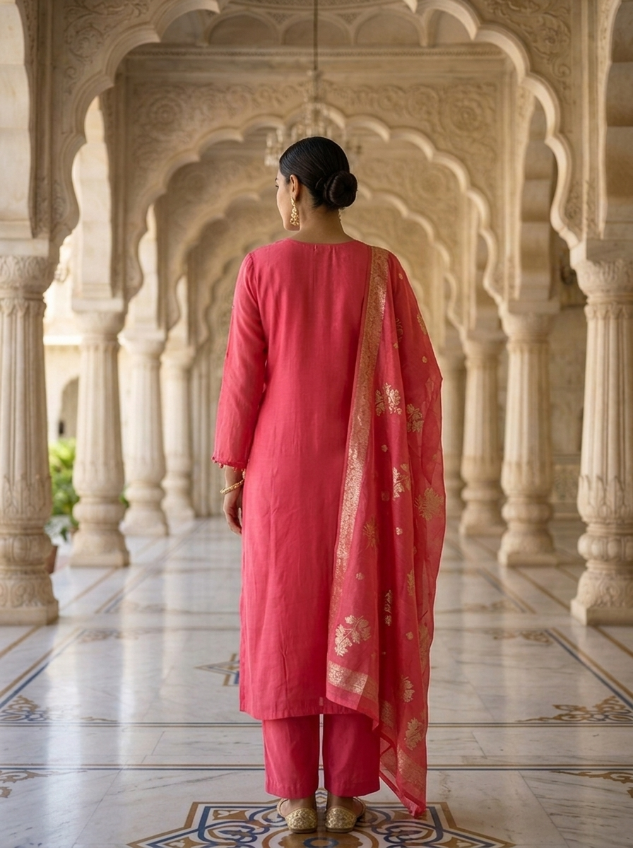 Neerus Pink muslin embellished suit set - detail view 1